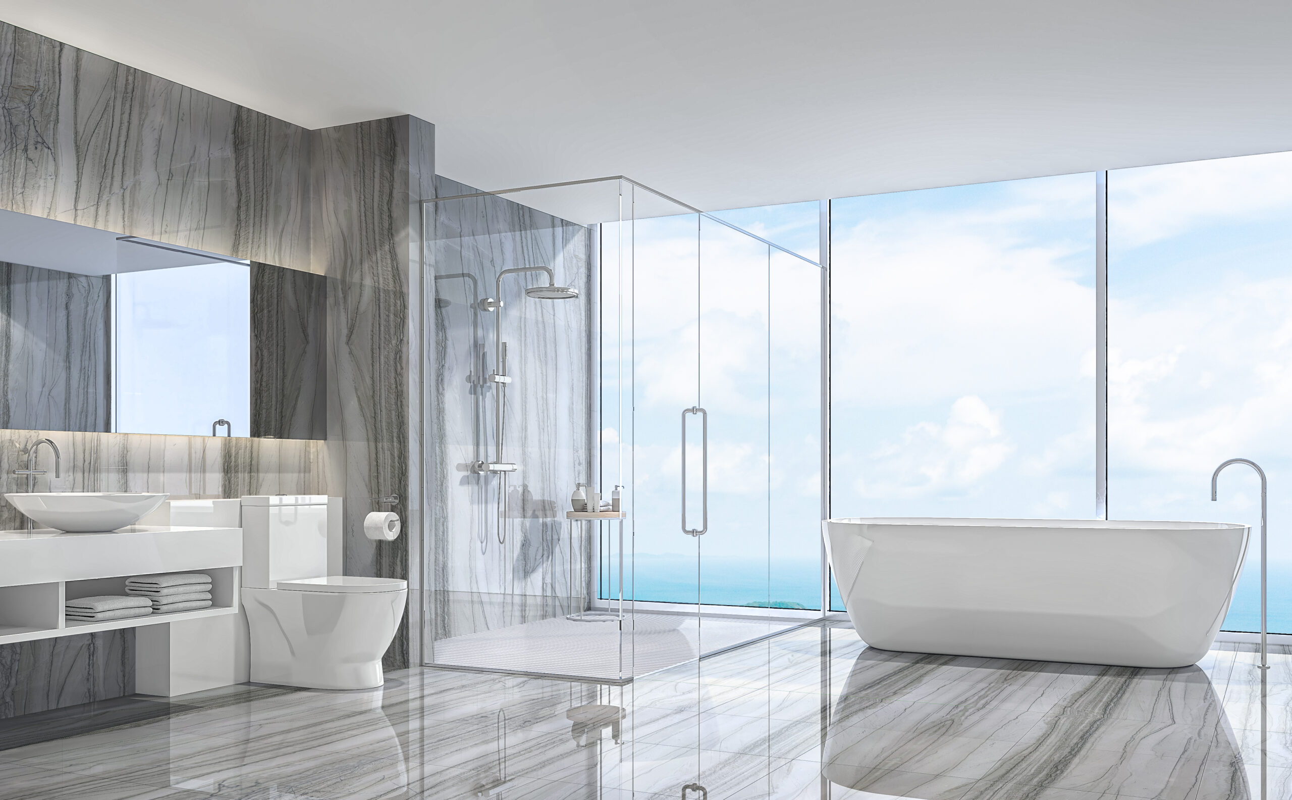 Modern,White,Bathroom,3d,Rendering,Image.,There,Are,White,Tile