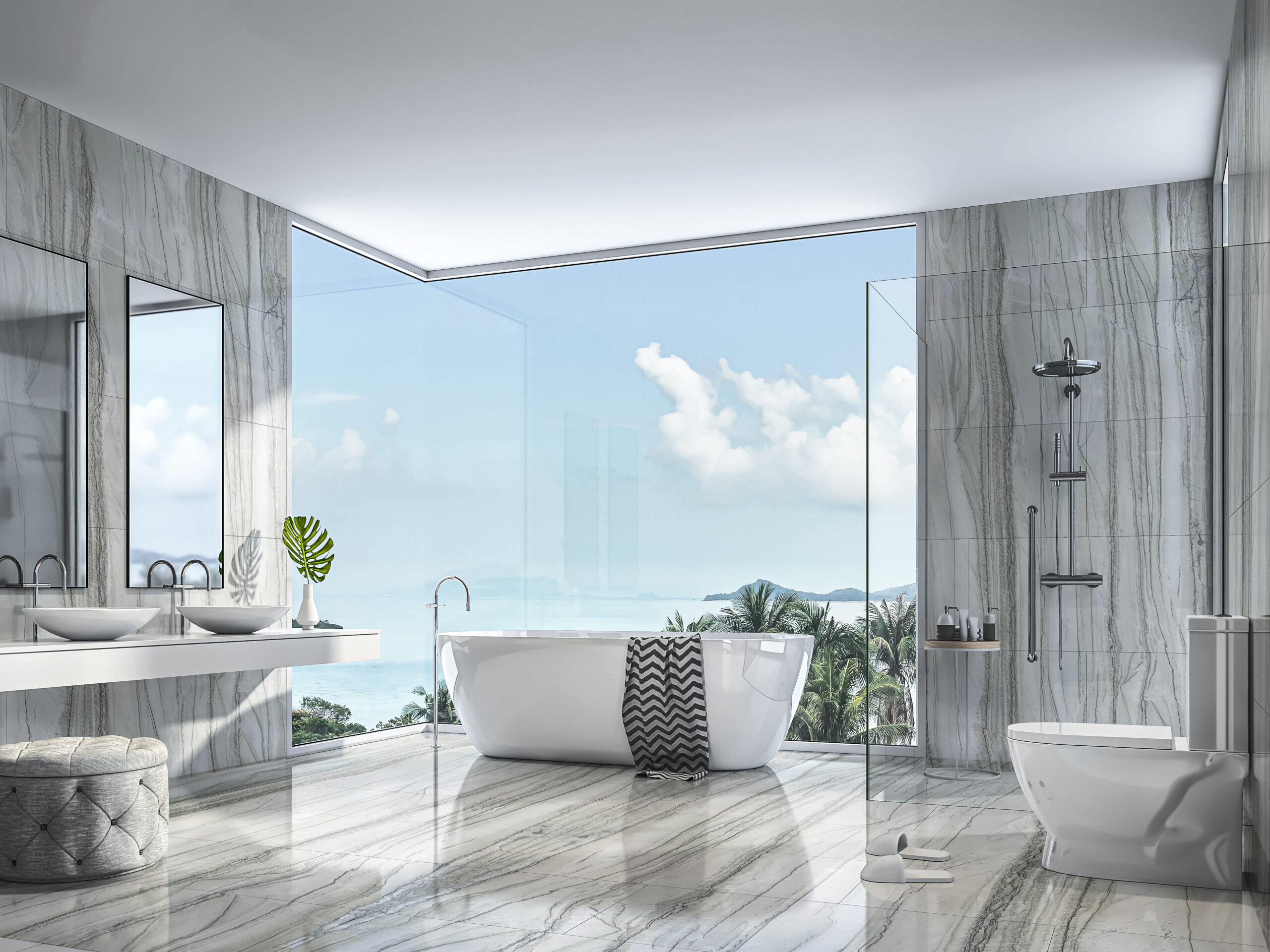 Luxury,Bathroom,3d,Render,decorate,With,White,Sanitary,Ware,,glass,Wall