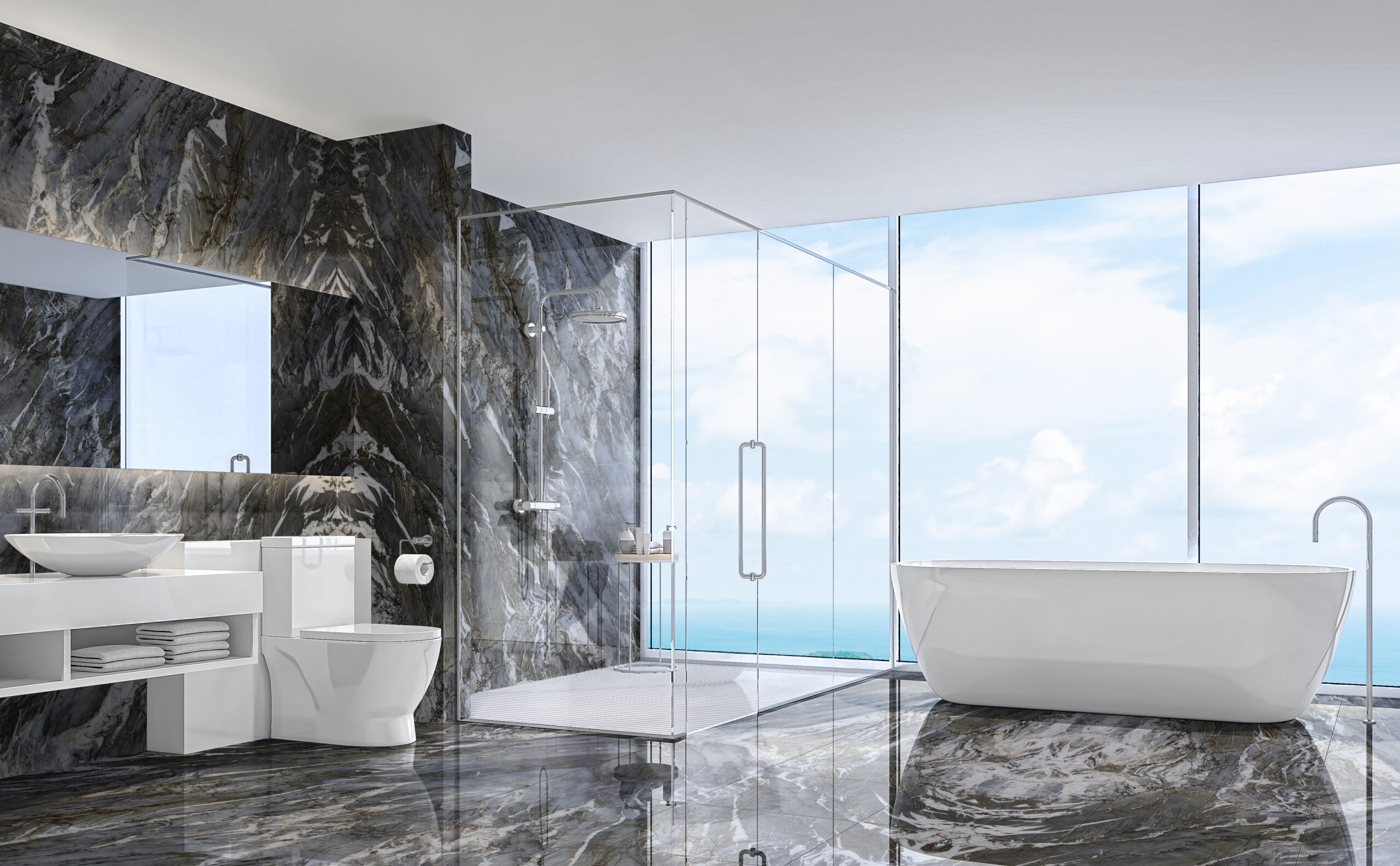 Modern,White,Bathroom,3d,Rendering,Image.,There,Are,White,Tile